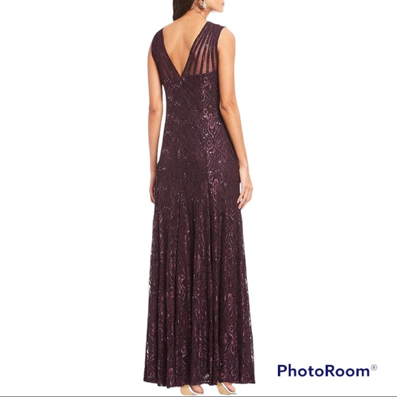 R&M Richards Illusion Shoulder High V-Neck Sleeveless Lace Sheath Gown - Picture 2 of 5